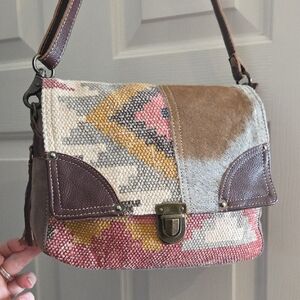 Myra Bag Upcycled Canvas Flap and Hair-On Leather Messenger Crossbody Bag Purse